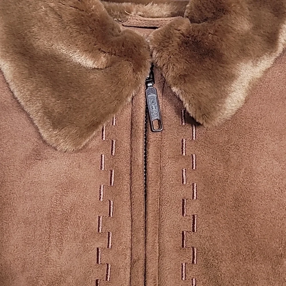 Y2K Cato Women Faux Fur Penny Lane Coat Size 18/22 L/XL Hood Brown Zip Suede 90s